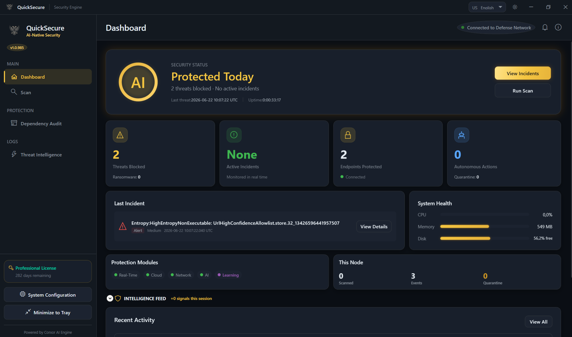 QuickSecure desktop agent — AI-native endpoint security dashboard