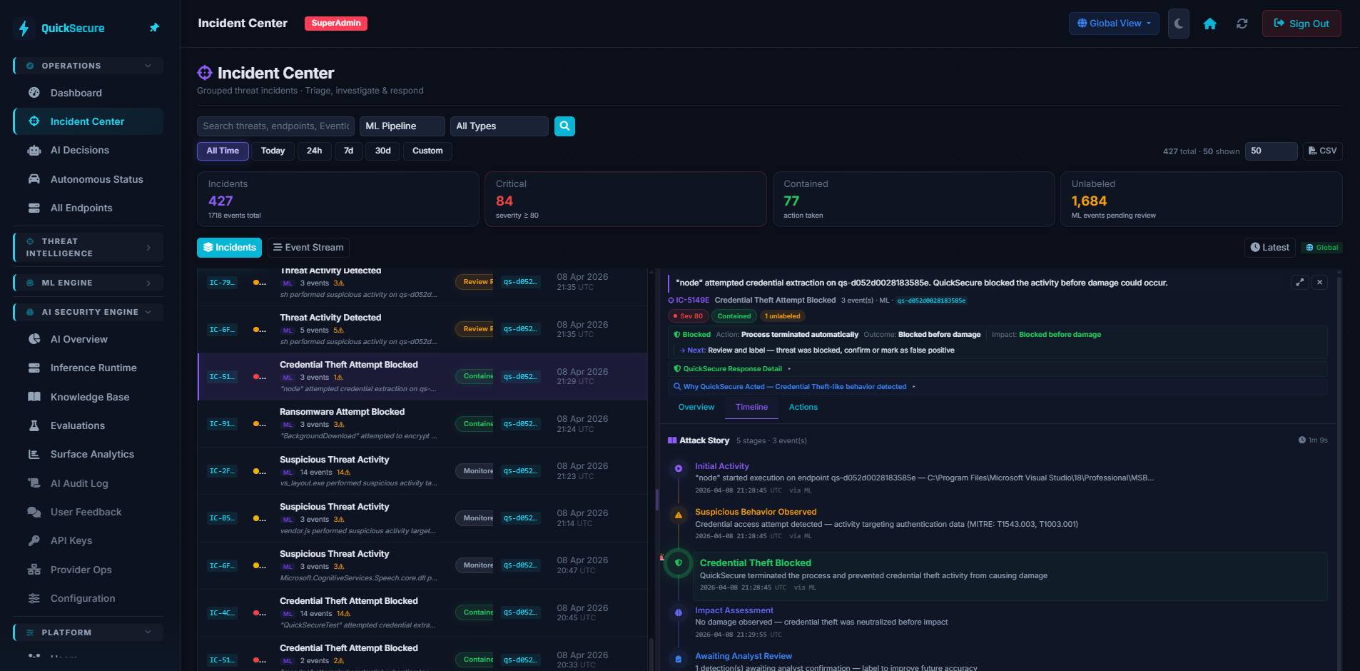 QuickSecure Incident Center — Threat Triage & Attack Stories